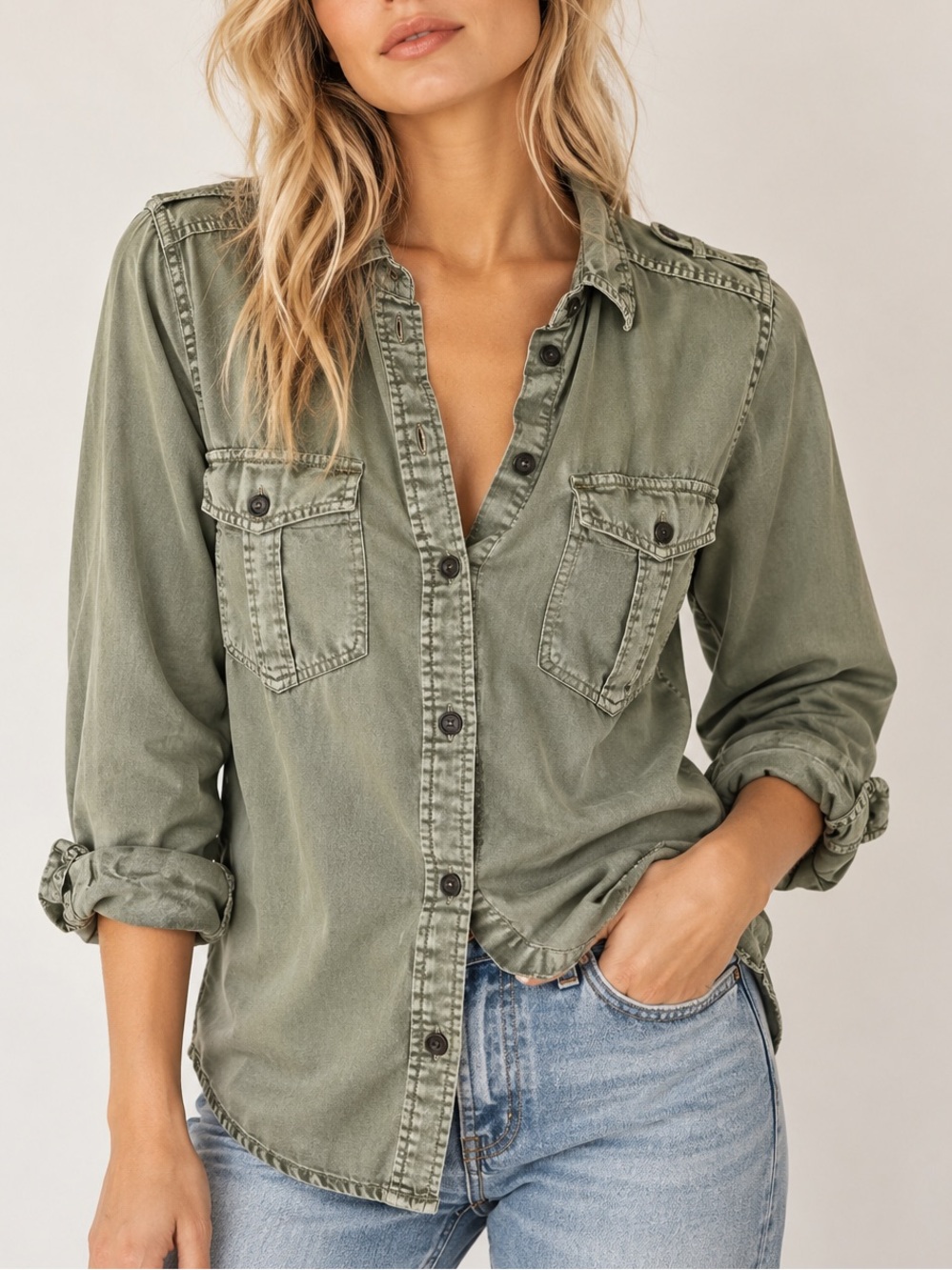 American Eagle Boyfriend Fit Military Olive Lyocell Shirt